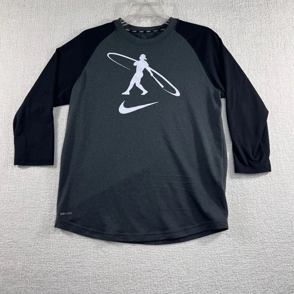 Nike Kids Dri-FIT Baseball Graphic Raglan Long Sleeve Shirt Gray Black Size XL